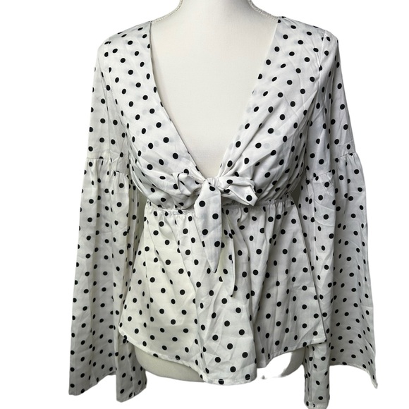 LISTICLE peplum bell long sleeve deep V front bow accent polka dots blouse top - Picture 3 of 6